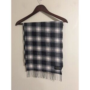 Pendleton Vintage Black Gray Plaid Men’s Scarf 100% Wool Made In USA Fringe